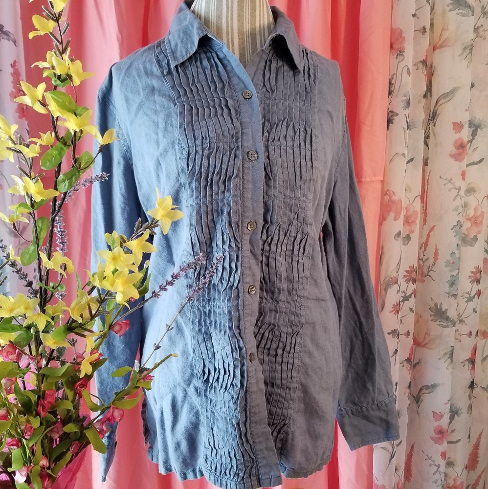 🌻🌺🌻BLOOMINGDALE'S 100% LINEN BUTTON DOWN BLOUSE - Picture 4 of 6
